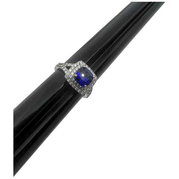 Sterling Silver 925 Blue Sapphire CZ Halo Ring Art Deco Style Size 6.75 - Picture 13 of 14